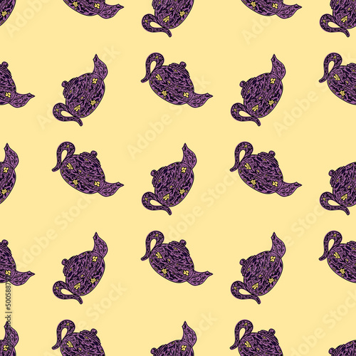 Seamless pattern with cute teapots. Background of doodle kettle decorative ceramic.