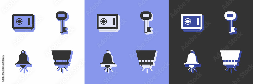 Set Fire sprinkler system, Safe, Ringing alarm bell and Old key icon. Vector Set Fire sprinkler system, Safe, Ringing alarm bell and Old key icon. Vector