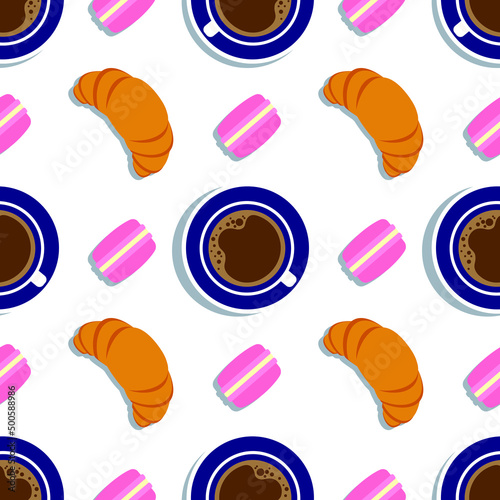 Vector seamless pattern with coffee cups, croissants and macaroons