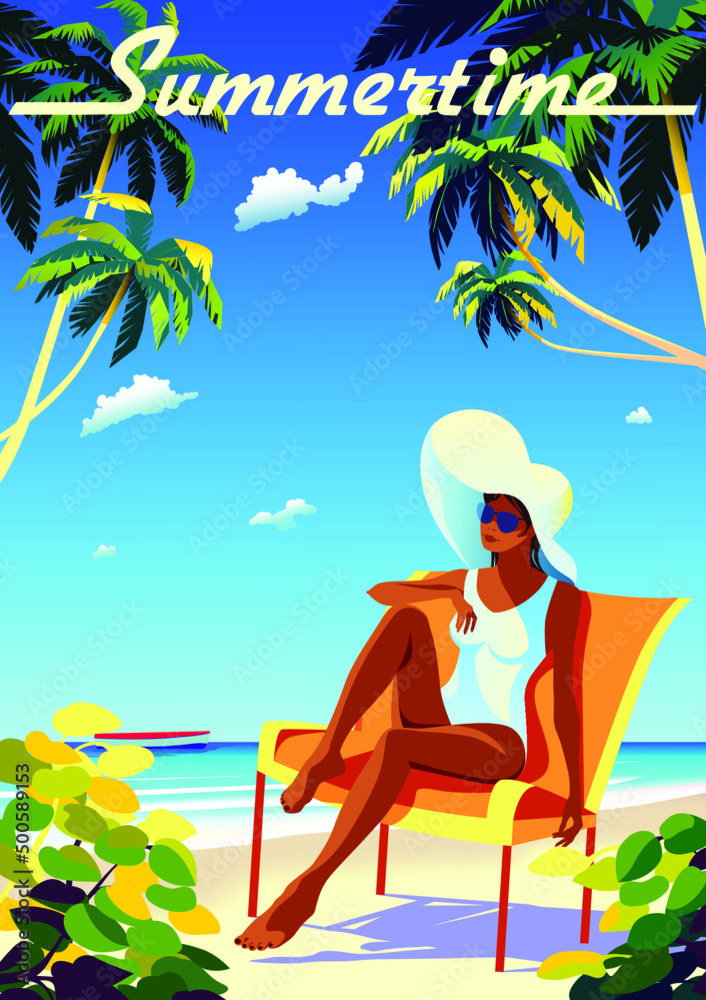 Woman on vacation on a tropical beach. Vintage poster. Handmade drawing vector illustration. Art Deco style.
