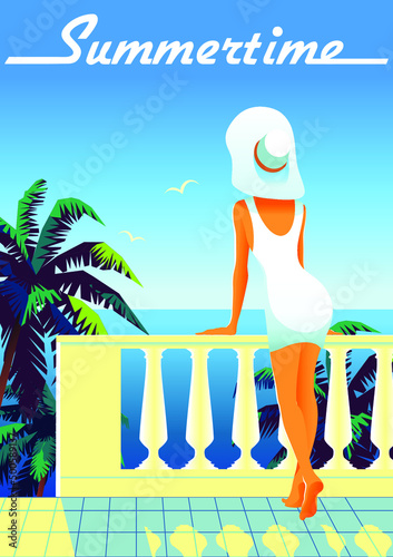 Woman on vacation in a tropical resort. Vintage poster in Art Deco style. Handmade drawing vector illustration.