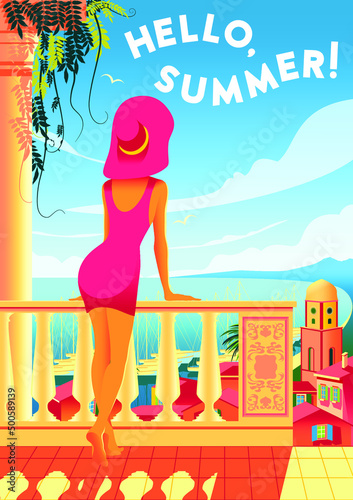 Woman on vacation on Mediterranean resort. Vintage poster. Handmade drawing vector illustration. Art Deco style.