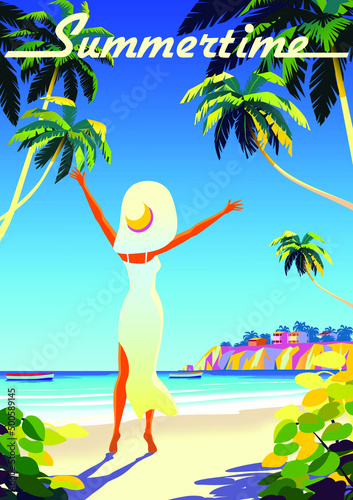 Woman on vacation on tropical beach. Vintage poster. Handmade drawing vector illustration. Art Deco style.