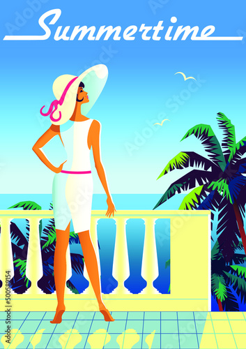 Woman on vacation on tropical resort. Vintage poster. Handmade drawing vector illustration. Art Deco style.