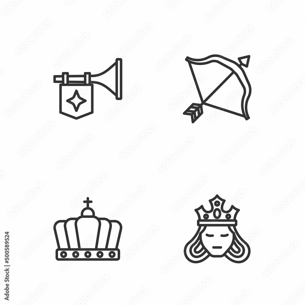 Set line Princess or queen, King crown, Trumpet with flag and Medieval bow and arrow icon. Vector Set line Princess or queen, King crown, Trumpet with flag and Medieval bow and arrow icon. Vector