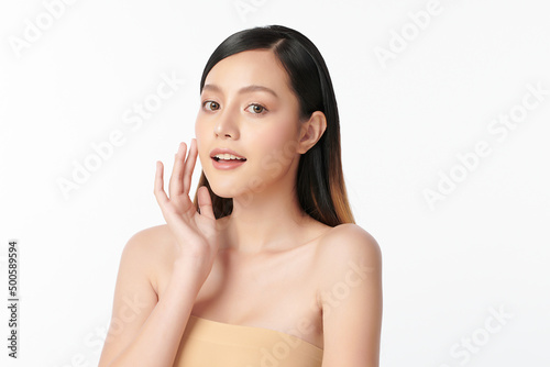 Beautiful young asian woman with clean fresh skin on white background, Face care, Facial treatment, Cosmetology, beauty and spa, Asian women portrait.