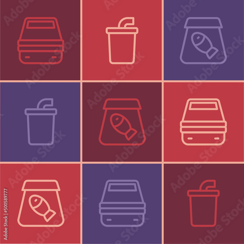 Set line Lunch box, Online ordering fish and Paper glass with water icon. Vector