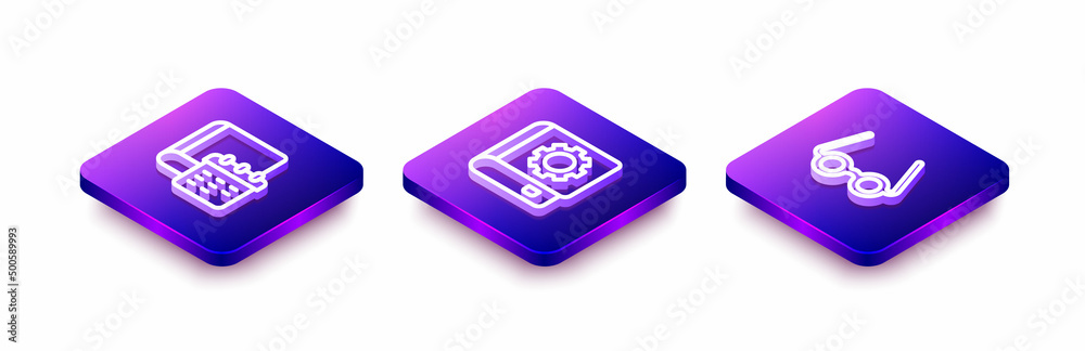 Set Isometric line Daily paper notepad, User manual and Glasses icon. Vector Set Isometric line Daily paper notepad, User manual and Glasses icon. Vector