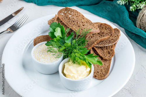 pike caviar with bread on white plate