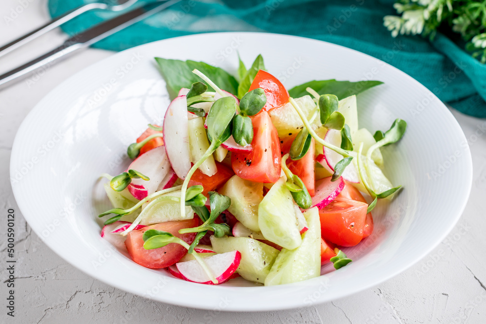 Vegetable salad with tomatoes and cucumbers on white bowl