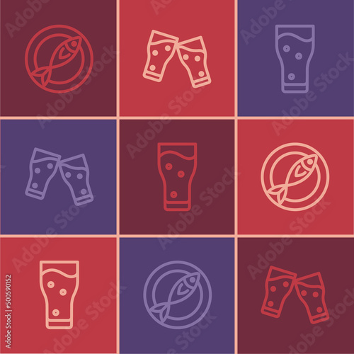 Set line Dried fish, Glass of beer and icon. Vector