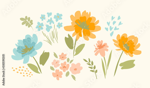 Set of floral design elements. Leaves, flowers, grass, branches. Vector