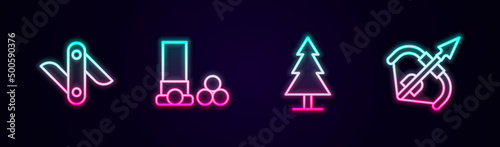 Set line Swiss army knife, Cartridges, Tree and Medieval bow and arrow. Glowing neon icon. Vector