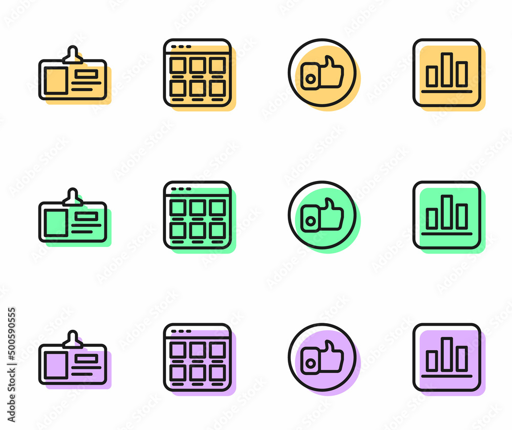 Set line Hand like, Identification badge, Online shopping screen and Pie chart infographic icon. Vector