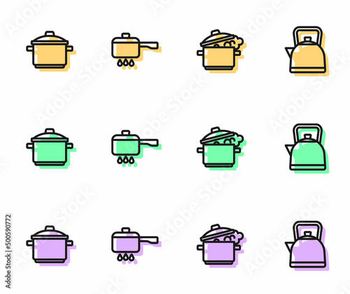 Set line Cooking pot, on fire and Kettle with handle icon. Vector