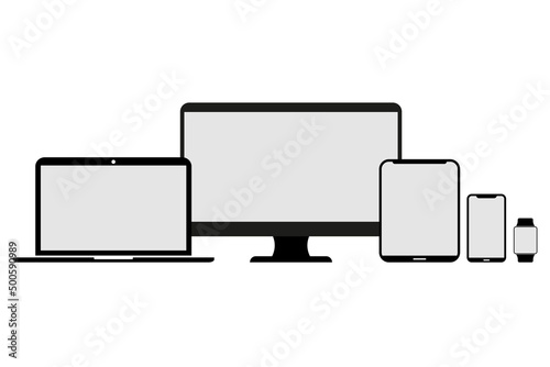 Set of smart watch, Smartphone, tablet, laptop and monitor. Vector illustration. eps10