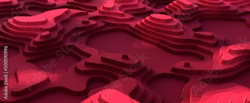 Desert red canyons abstract landscape. Semicircular paper cut sandstone formations with 3d render gradient illuminated by hot sun. Stone natural monuments in arizona and colorado