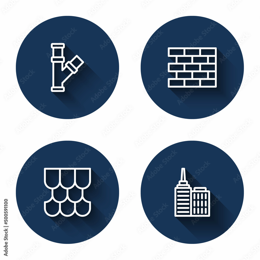 Set line Industry metallic pipe, Bricks, Roof tile and City landscape with long shadow. Blue circle button. Vector Set line Industry metallic pipe, Bricks, Roof tile and City landscape with long shadow. Blue circle button. Vector