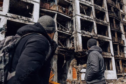 Mariupol, Ukraine - May 1, 2022: Russia's war in Ukraine. Damaged residential building