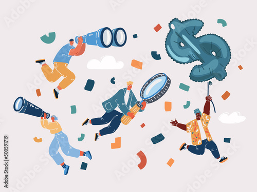 Vector illustration of people balancing fly and floating in sky searching for business opportunity. Startup team.