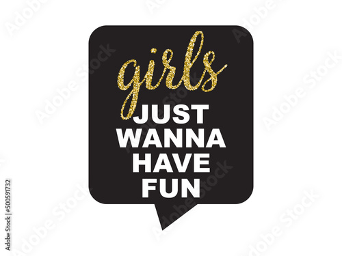  Hen Party Bachelorette vector element for cards, t-shirts, stickers, invitations. Black sign with text Girls just wanna have fun with golden glitter. Photo booth prop stick.