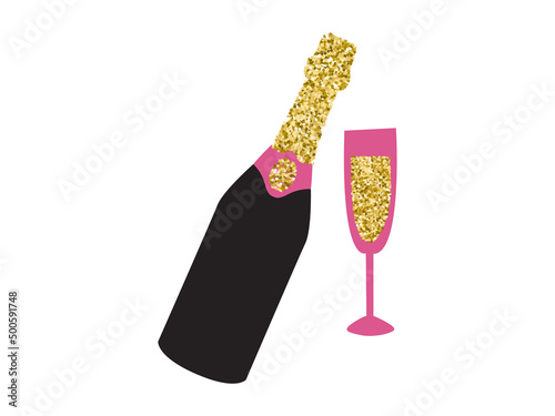 Hen Party Bachelorette vector element for cards, t-shirts, stickers, invitations. Bottle with champagne glasses pink, black with golden glitter. Photo booth prop stick.