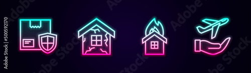 Set line Delivery security with shield, House, Fire in burning house and Plane hand. Glowing neon icon. Vector