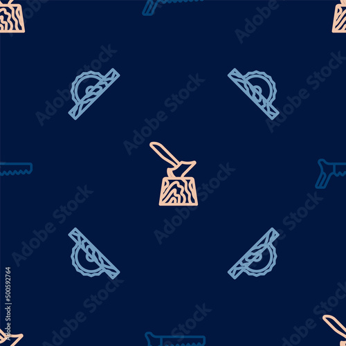Set line Hand saw  Electric circular and Wooden axe in stump on seamless pattern. Vector