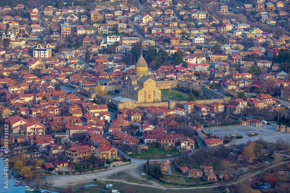 Fototapeta premium Panoramic view of the old city Mtskheta and Svetitskhoveli Cathedral, Mtskheta