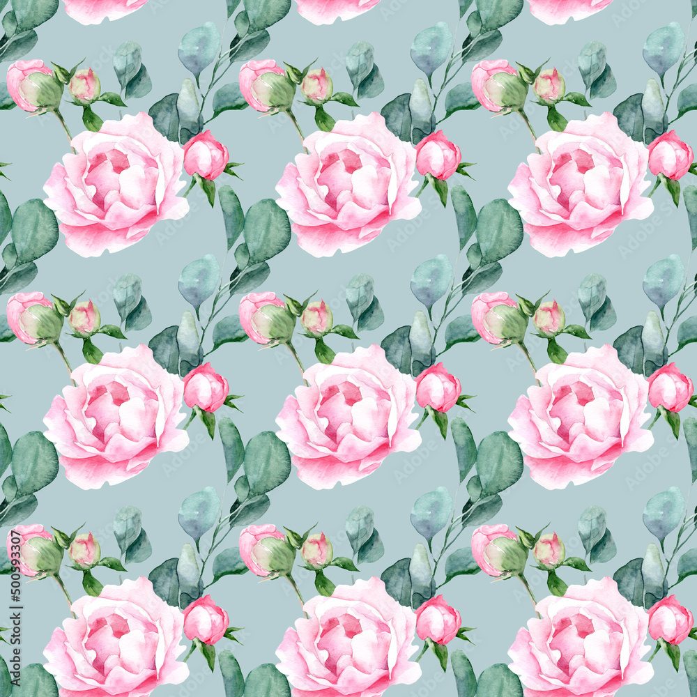 Seamless floral pattern with peonies, watercolor illustration. Template design for textile, interior, clothing, wallpaper
