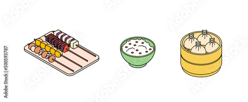 Food set - vegetables, meat, vegan, fish, meal, dish. Isometric vector illustration in flat design. Outline, linear style, line art. Meal preparation.