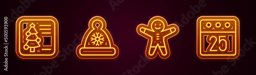 Set line Christmas postcard, Santa Claus hat, Holiday gingerbread man cookie and calendar. Glowing neon icon. Vector