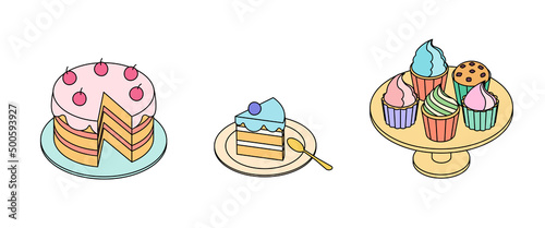 Food set - cake, cupcake. Isometric vector illustration in flat design. Outline, linear style, line art. Meal preparation.