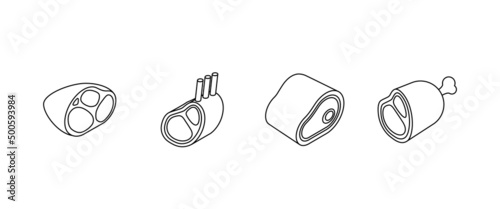 Food set - meat, pork, beef, steak, sausage, ham, bacon. Isometric vector illustration in flat design. Outline, linear style, line art. Meal preparation.