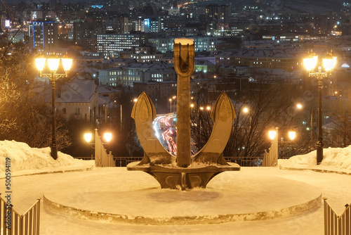 View of the town and the Anchor on polar night. Murmansk, Russia.