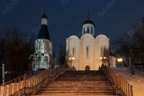 View of Spasskaya (Spasa na Vodah) church on polar night. Murmansk, Russia. photo