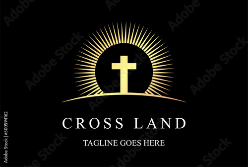 Golden Sun Sunset Sunrise with Jesus Christian Cross for Church Chapel Logo Design Vector