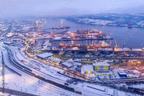 Aerial view of Murmansk and Sea port on short winter day. Murmansk Oblast, Russia.