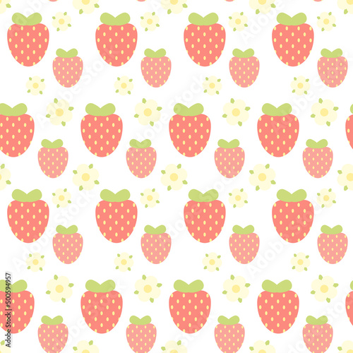 Seamless pattern, strawberries with flowers on a white background. Simple flat style illustration. Vector for fabric, paper and other design. © Olga