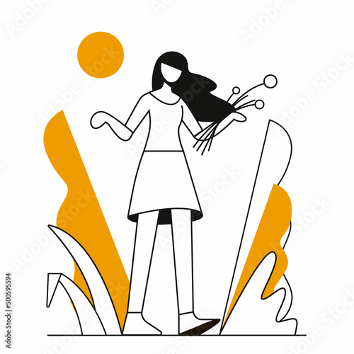 shopping girl with flowers walking down the street