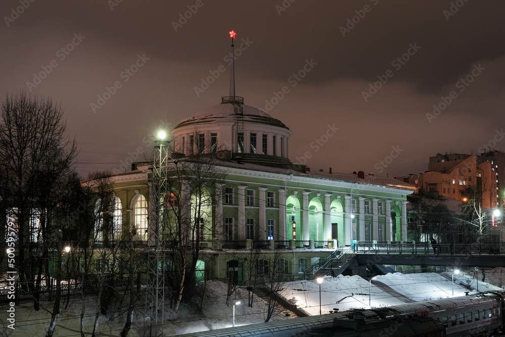View of Main railway station on polar night. Murmansk, Russia..