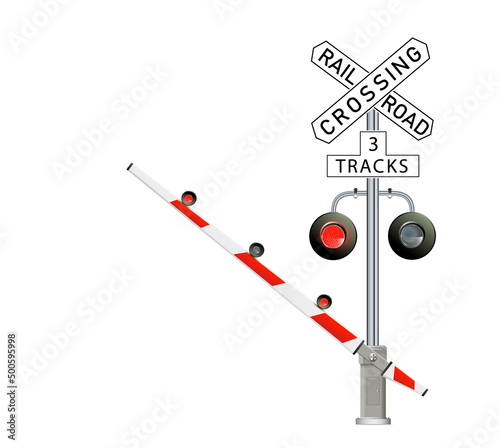 Fotografie, Obraz Road signs and railroad crossing barriers are used in the United States