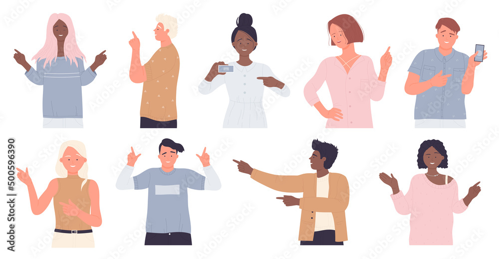 People point finger, different hand pointing gestures and poses set vector illustration. Cartoon young man and woman standing, guys and girls pointing up, down, side way on direction isolated on white - obrazy, fototapety, plakaty 