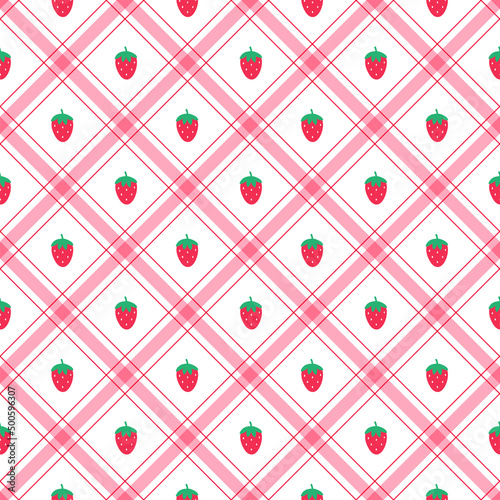 Cute Strawberry Red Fruit Element Red Green Diagonal Stripe Striped Line Tilt Checkered Plaid Tartan Buffalo Scott Gingham Pattern Flat Cartoon Vector Seamless Pattern Print Background Fashion Fabric 