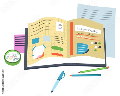 Personal diary, teenager notebook and pencils