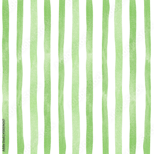 Watercolor seamless pattern with green vertical strips, brush. Hand drawing painting background, texture.