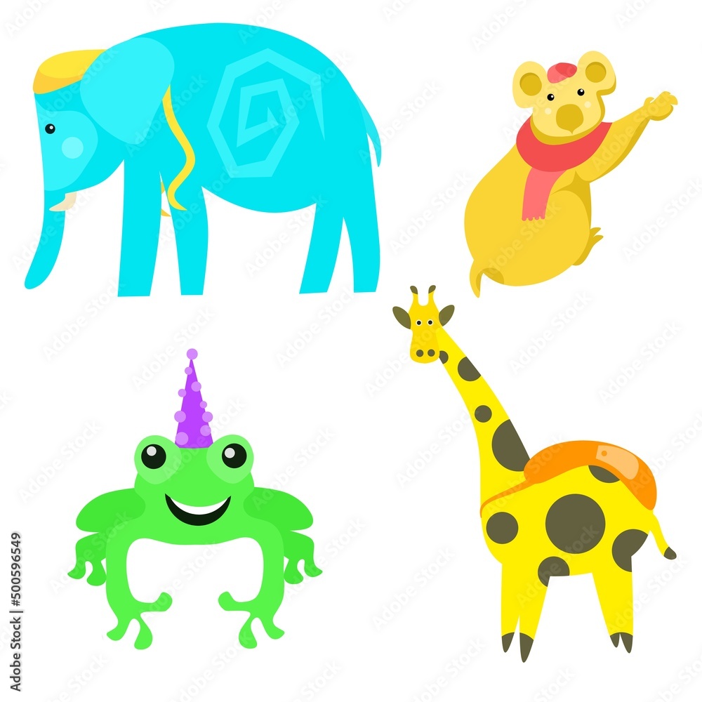 Collection of cute animal vectors. Elephant, koala, giraffe, frog, in cartoon style. Perfect for children's book covers, and learning animal names.