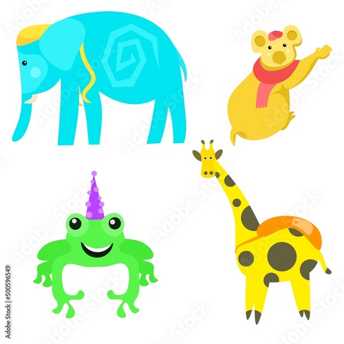 Collection of cute animal vectors. Elephant  koala  giraffe  frog  in cartoon style. Perfect for children s book covers  and learning animal names.