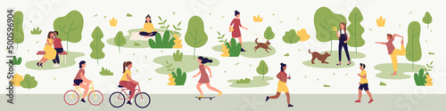 Leisure and healthy sport activity of people in summer city park. Active female male characters ride skateboard and bike, couple sitting on bench and hugging, girl walking dog flat vector illustration © Flash Vector