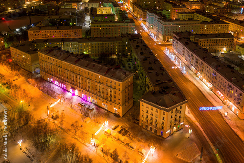 Aerial view of the town and Prospect Lenina on polar night. Murmansk, Russia. photo